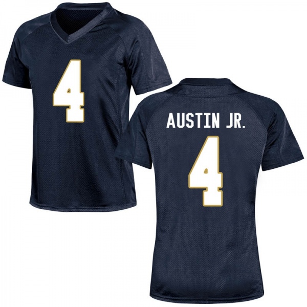 Kevin Austin Jr. Notre Dame Fighting Irish NCAA Women's #4 Navy Blue Game College Stitched Football Jersey UHY8155WK